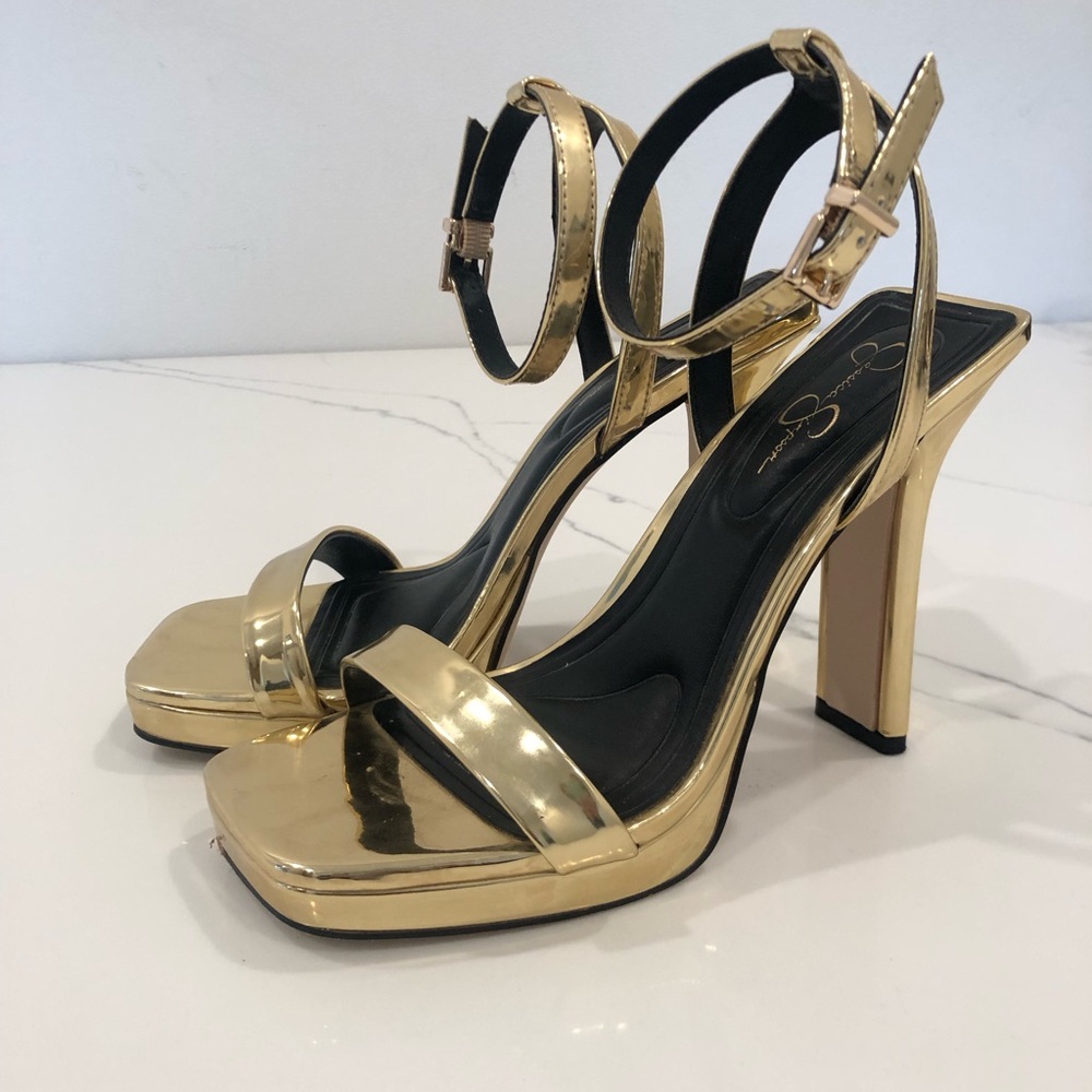 Jessica Simpson “Adonia” Gold Metallic High Heel Platform Sandals - Women's